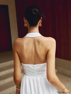 White Cotton And Linen Halter A-Line Long Dress