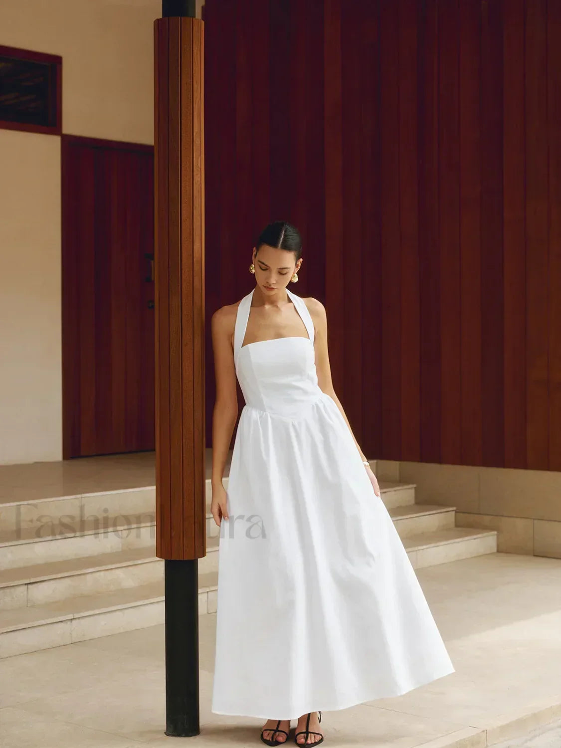 White Cotton And Linen Halter A-Line Long Dress