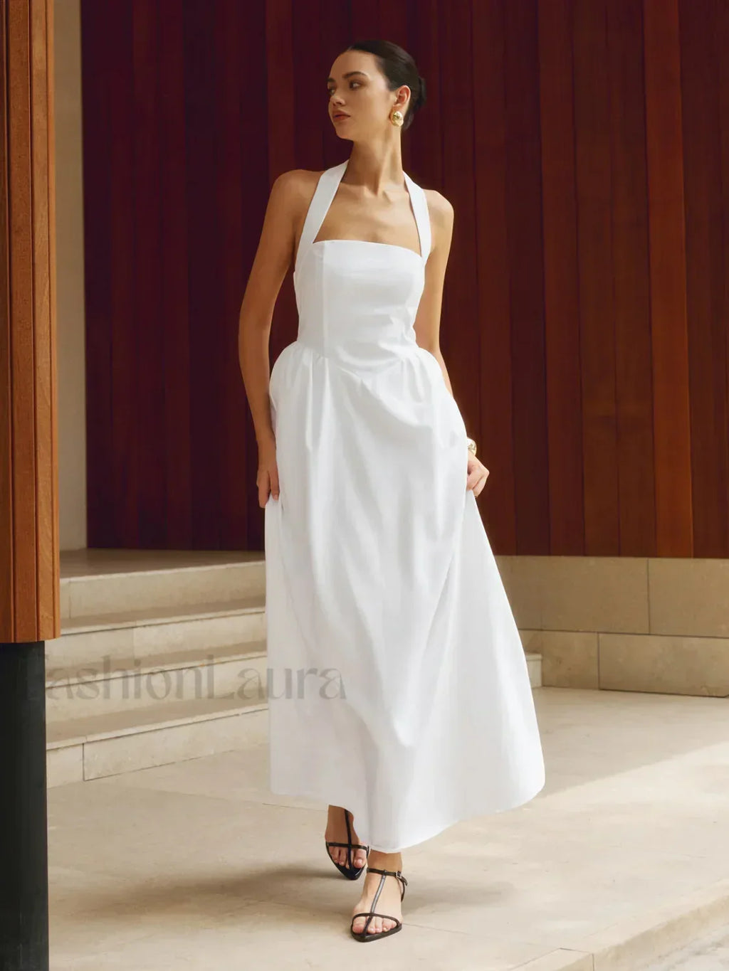 White Cotton And Linen Halter A-Line Long Dress