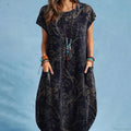 Cotton Linen Loose O-neck Floral Dress