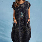 Cotton Linen Loose O-neck Floral Dress