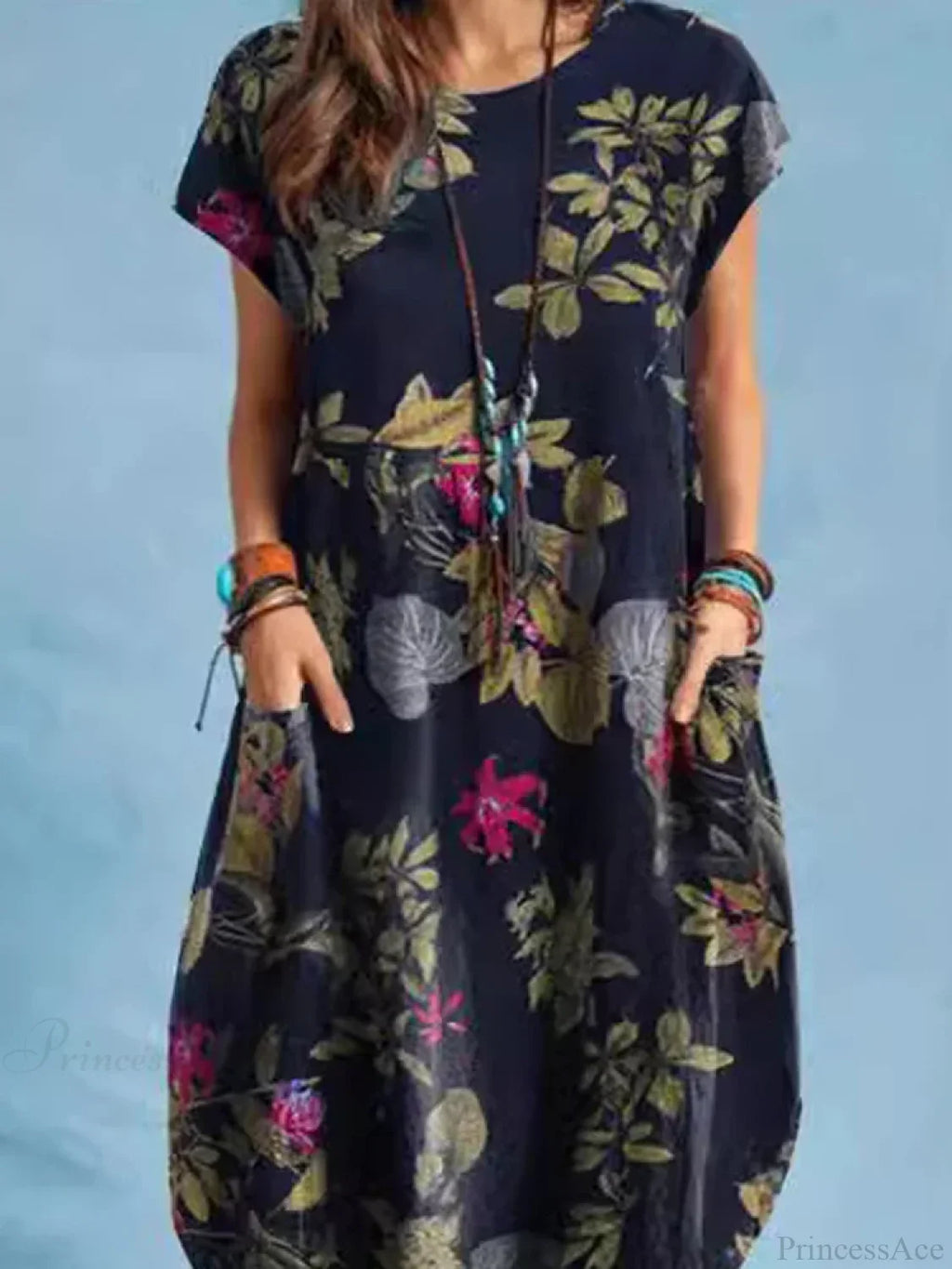 Cotton Linen Loose O-neck Floral Dress
