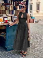Cotton And Linen Pleated Cutout Long Dress