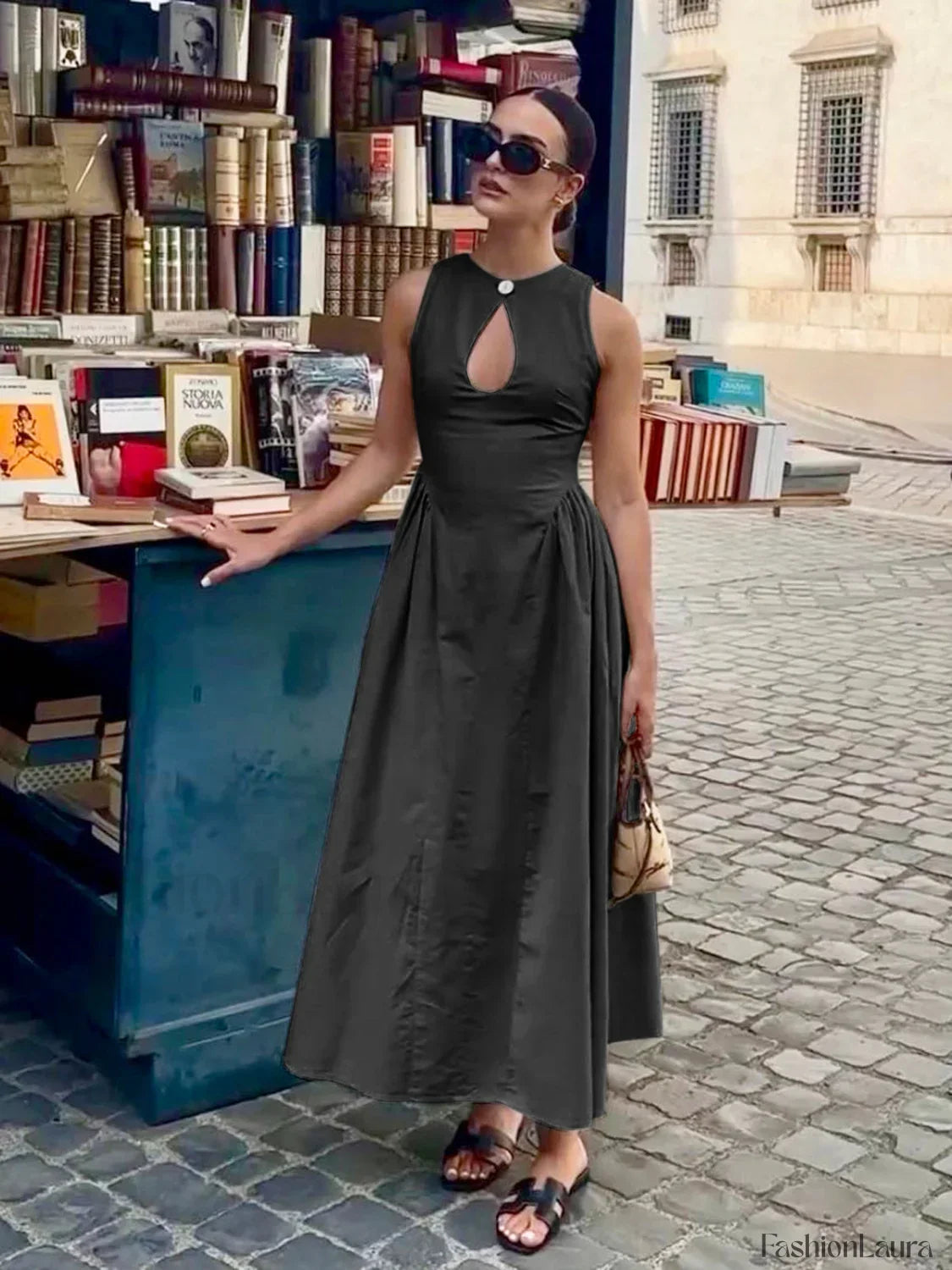 Cotton And Linen Pleated Cutout Long Dress
