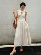 Cotton And Linen Pleated Cutout Long Dress