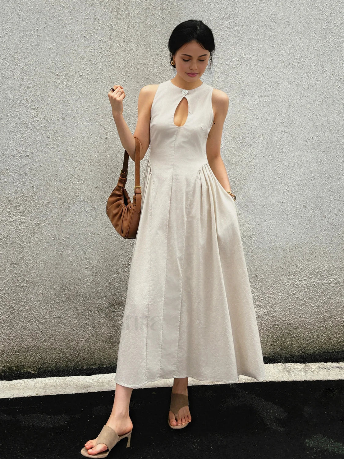 Cotton And Linen Pleated Cutout Long Dress