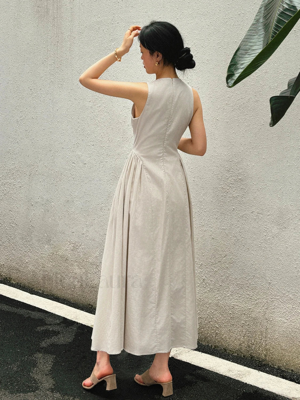 Cotton And Linen Pleated Cutout Long Dress