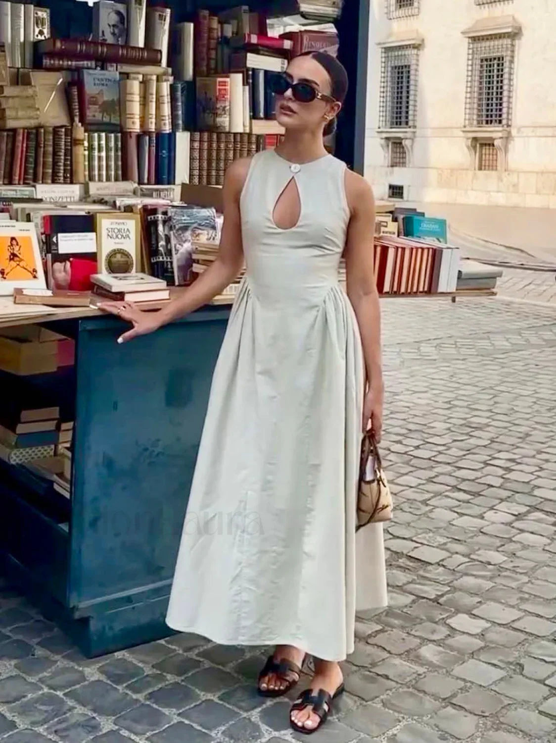 Cotton And Linen Pleated Cutout Long Dress