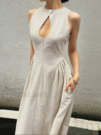 Cotton And Linen Pleated Cutout Long Dress