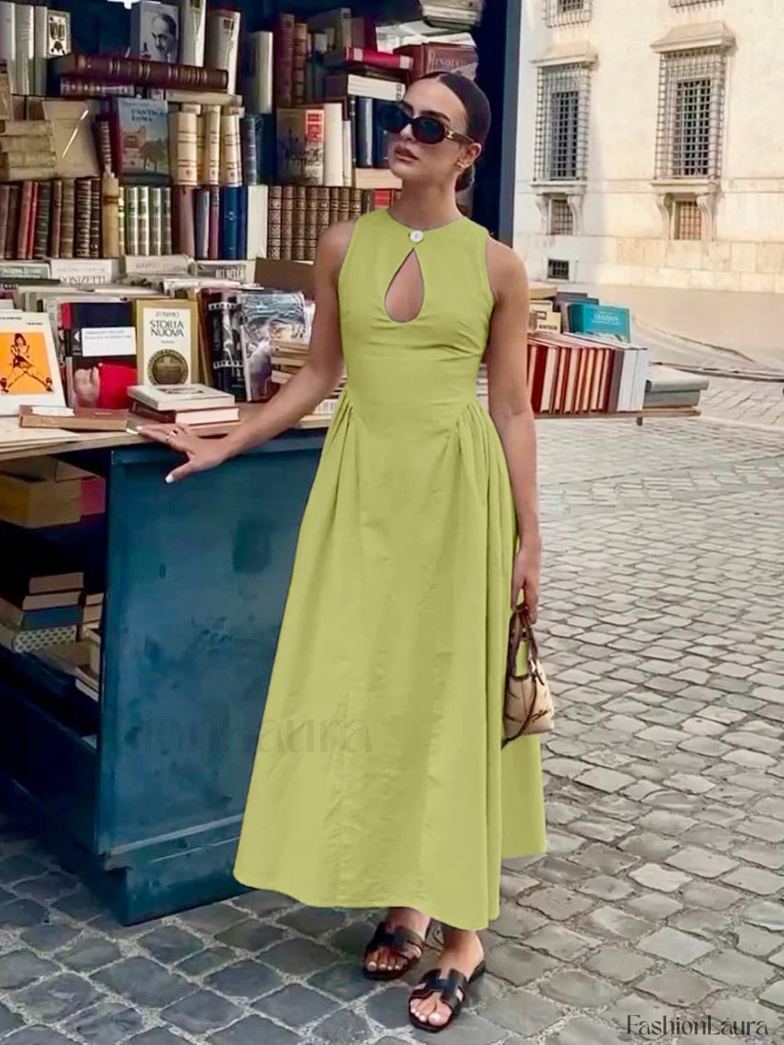 Cotton And Linen Pleated Cutout Long Dress