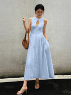 Cotton And Linen Pleated Cutout Long Dress