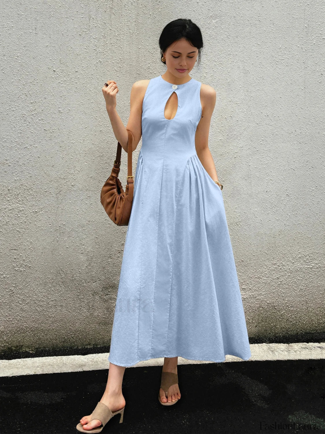 Cotton And Linen Pleated Cutout Long Dress