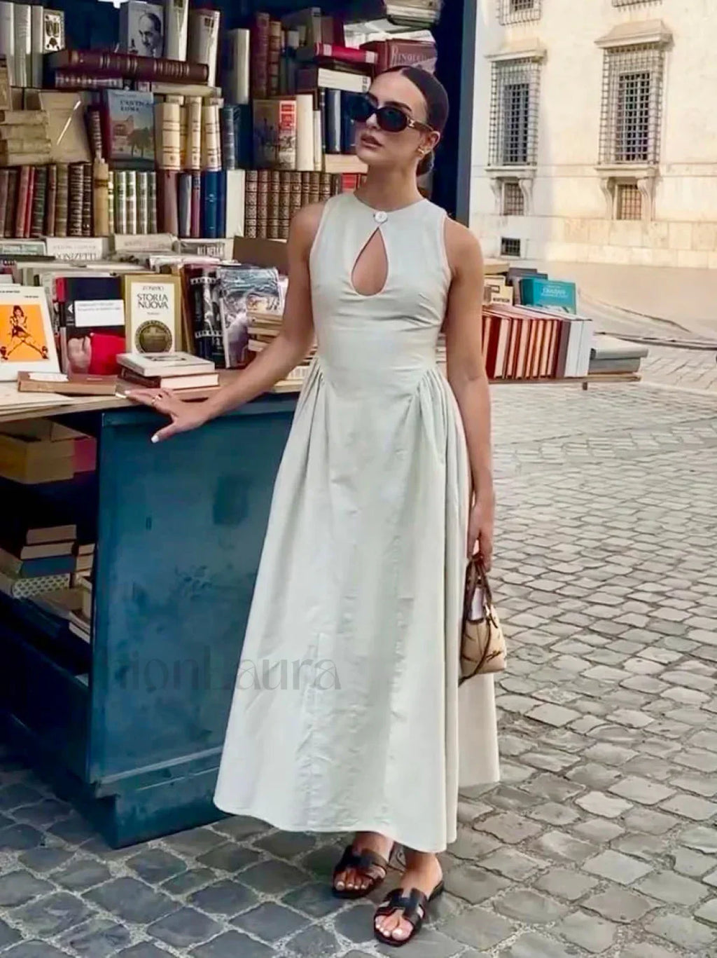 Cotton And Linen Pleated Cutout Long Dress