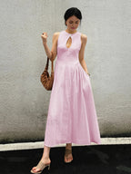 Cotton And Linen Pleated Cutout Long Dress