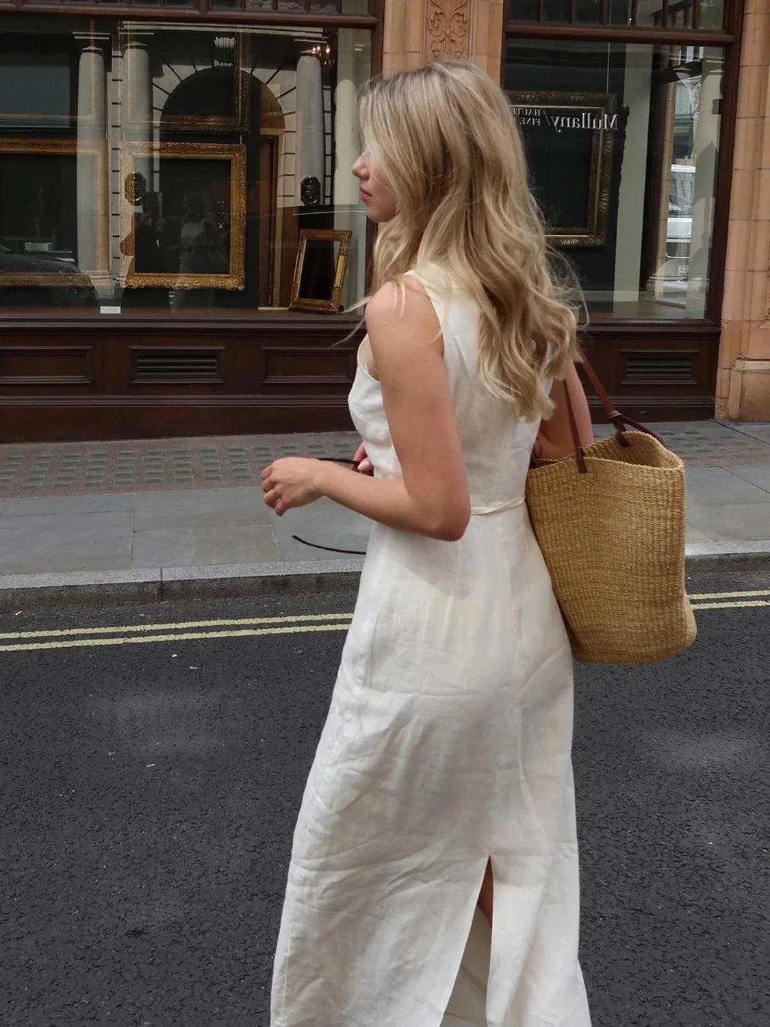 White Cotton And Linen Sleeveless Long Dress
