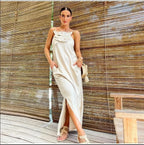 Cotton Linen Split 3D Flower Solid Sling Maxi Dress