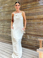 Cotton Linen Split 3D Flower Solid Sling Maxi Dress