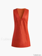 Cotton & Linen V-Neck Short Dress