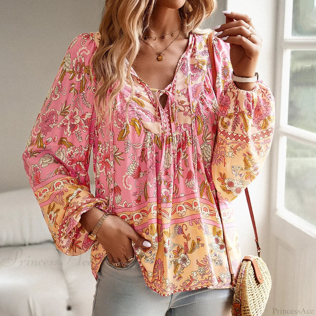Cotton Rayon Floral Printed Long Sleeve Beach Boho Blouse