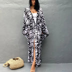 Cotton Rayon Printed Self Belted Maxi Boho Cover up