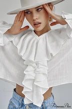 Cotton Ruffled V Neck Pullover Blouse