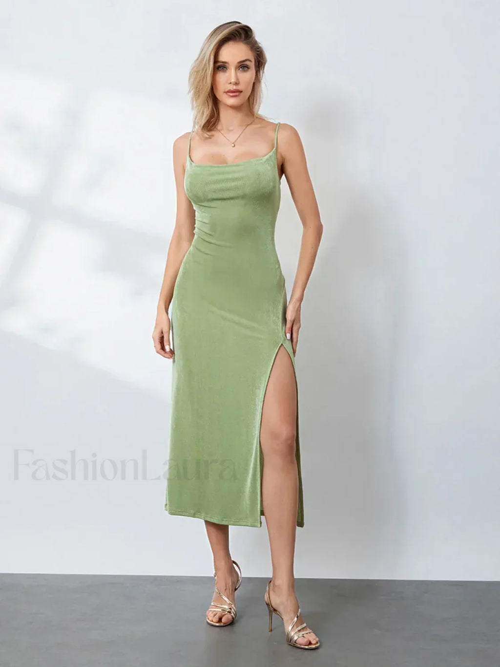 Green Cowl-neck Slip Midi Dress