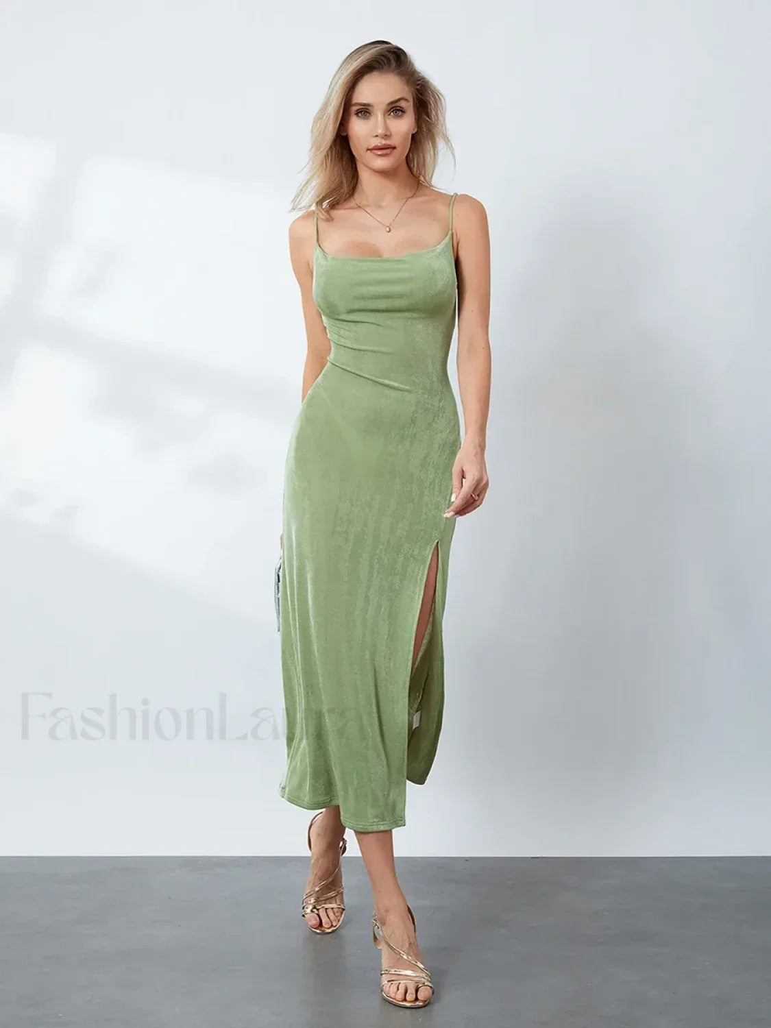 Green Cowl-neck Slip Midi Dress