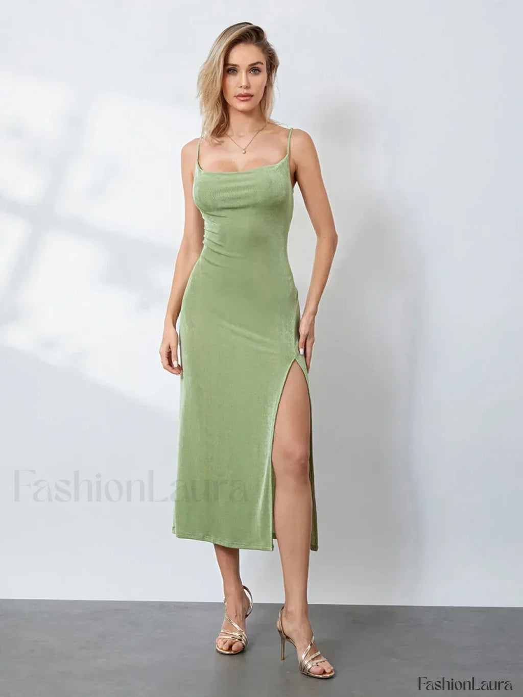 Green Cowl-neck Slip Midi Dress