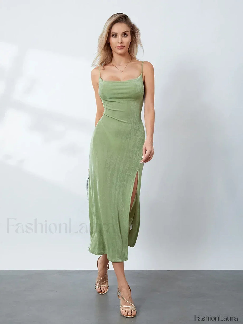 Green Cowl-neck Slip Midi Dress
