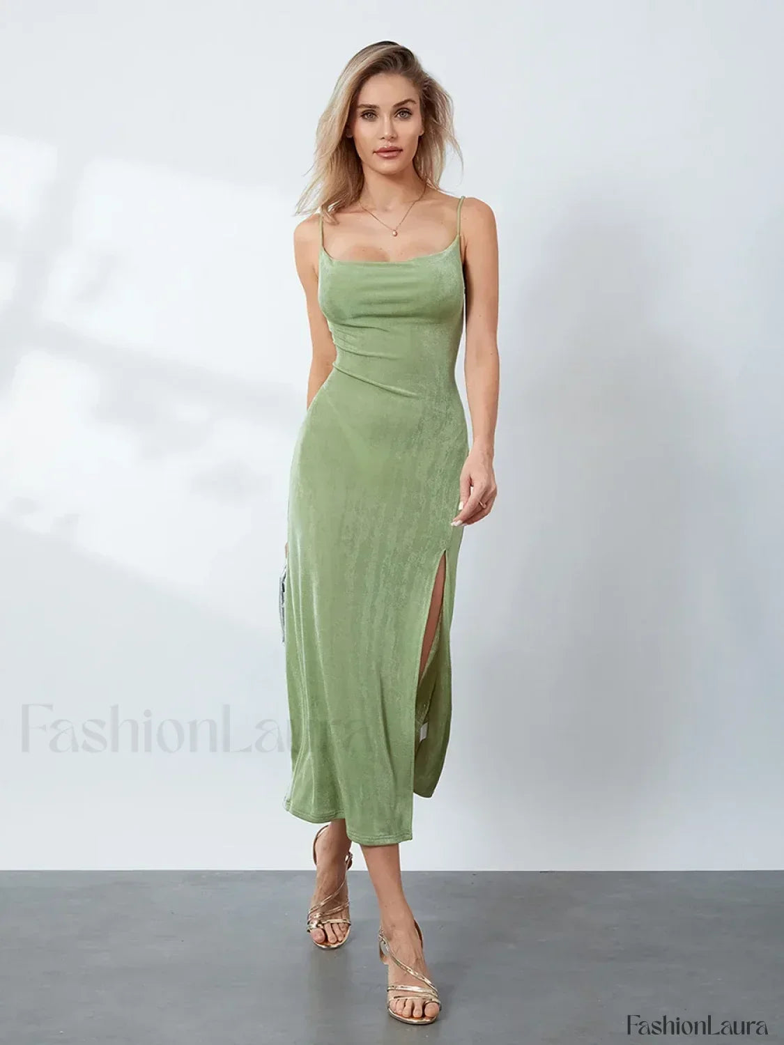 Green Cowl-neck Slip Midi Dress