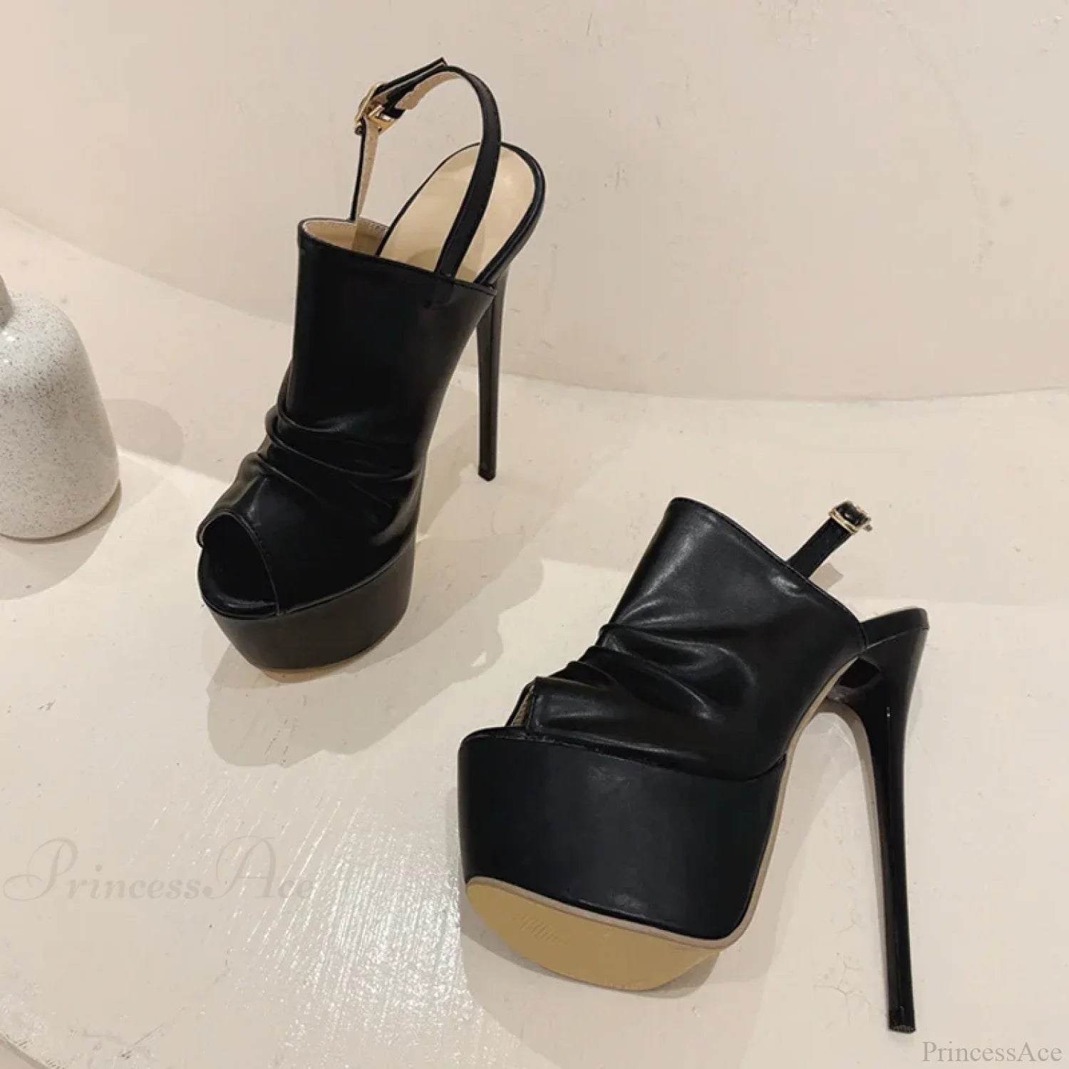 Cozy Pleated Leather Super-High Platform Nightclub Party Peep-Toe Black Sexy High Heel