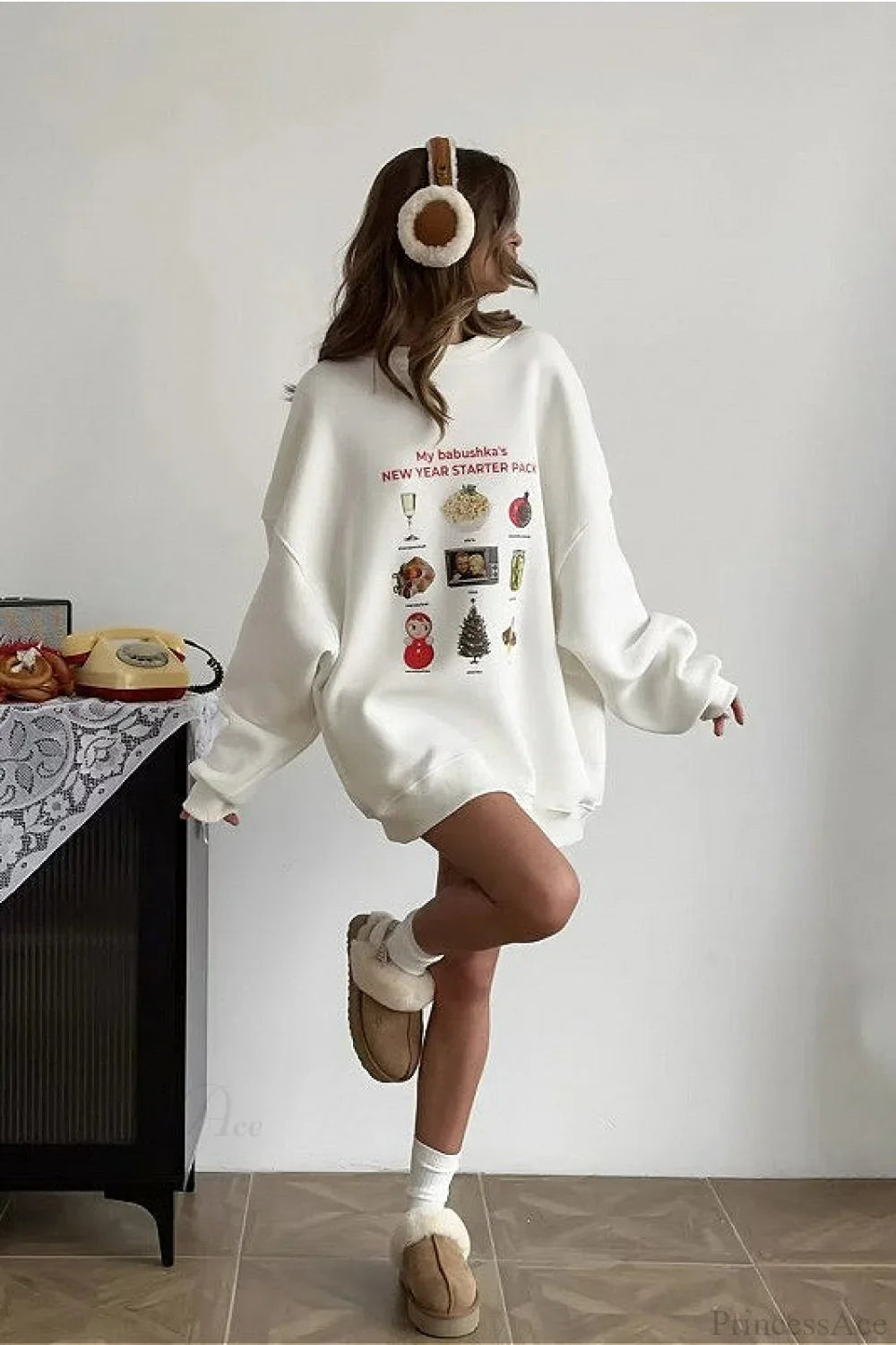 Crew Neck Cartoon Print Fleece Lined Sweatshirt