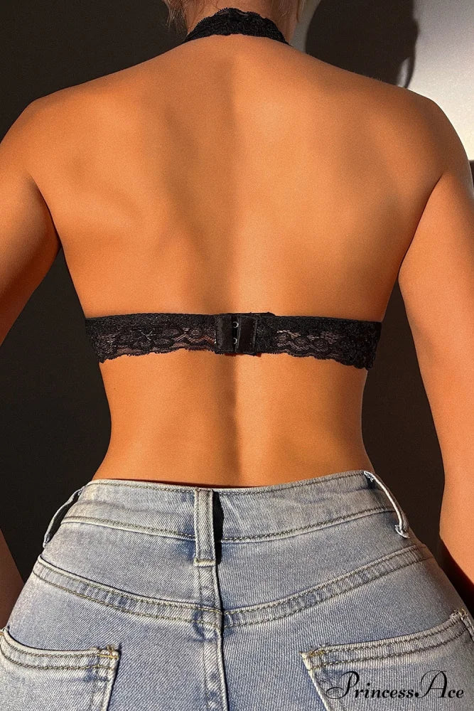 Crochet Bralette Halter Neck in Lace Black
