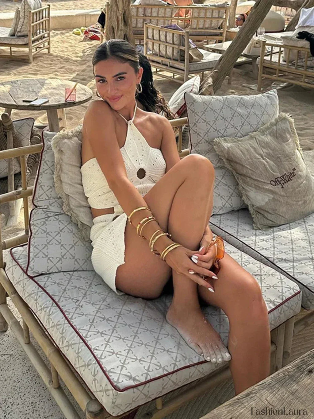 White Crochet Hollow Halter Mini Dress