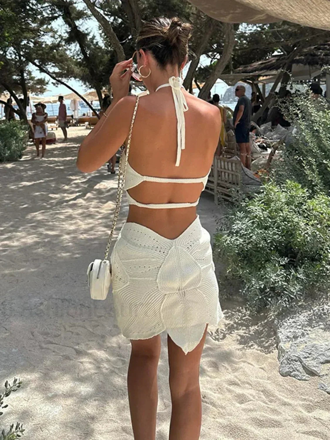 White Crochet Hollow Halter Mini Dress