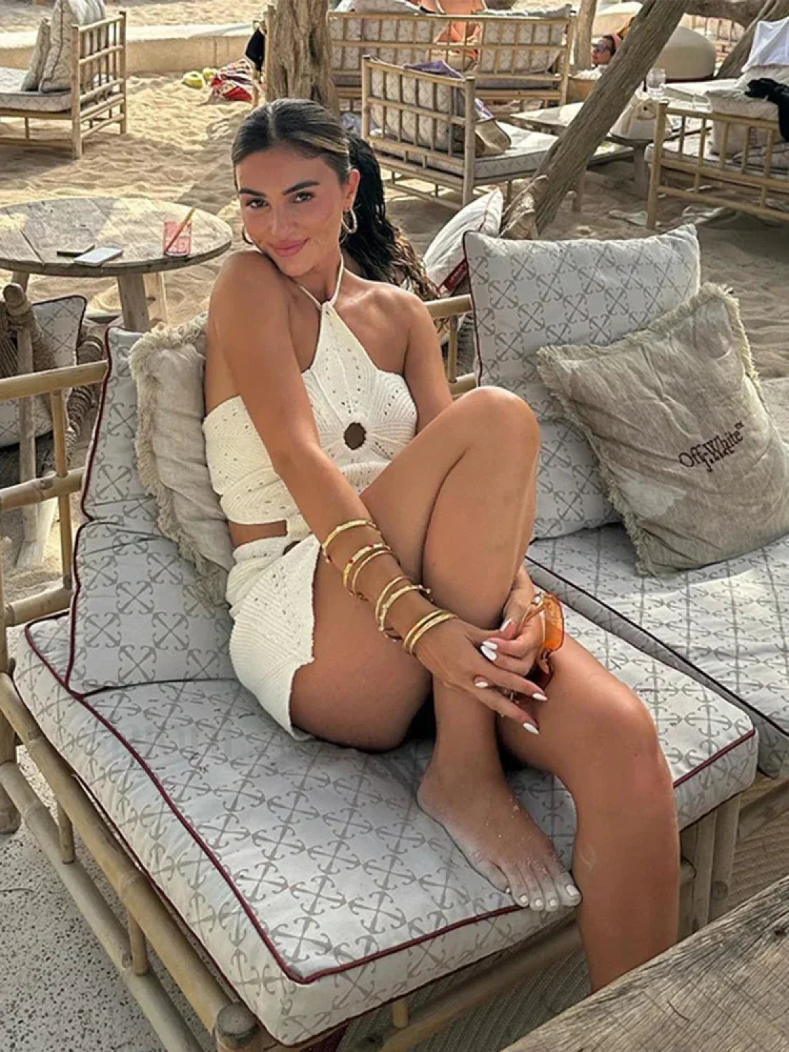 White Crochet Hollow Halter Mini Dress