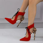 Cross-Tied Sexy Pointed-Toe Leopard-Print Wedding High Heels StilettoFashionable Stripper High Heel