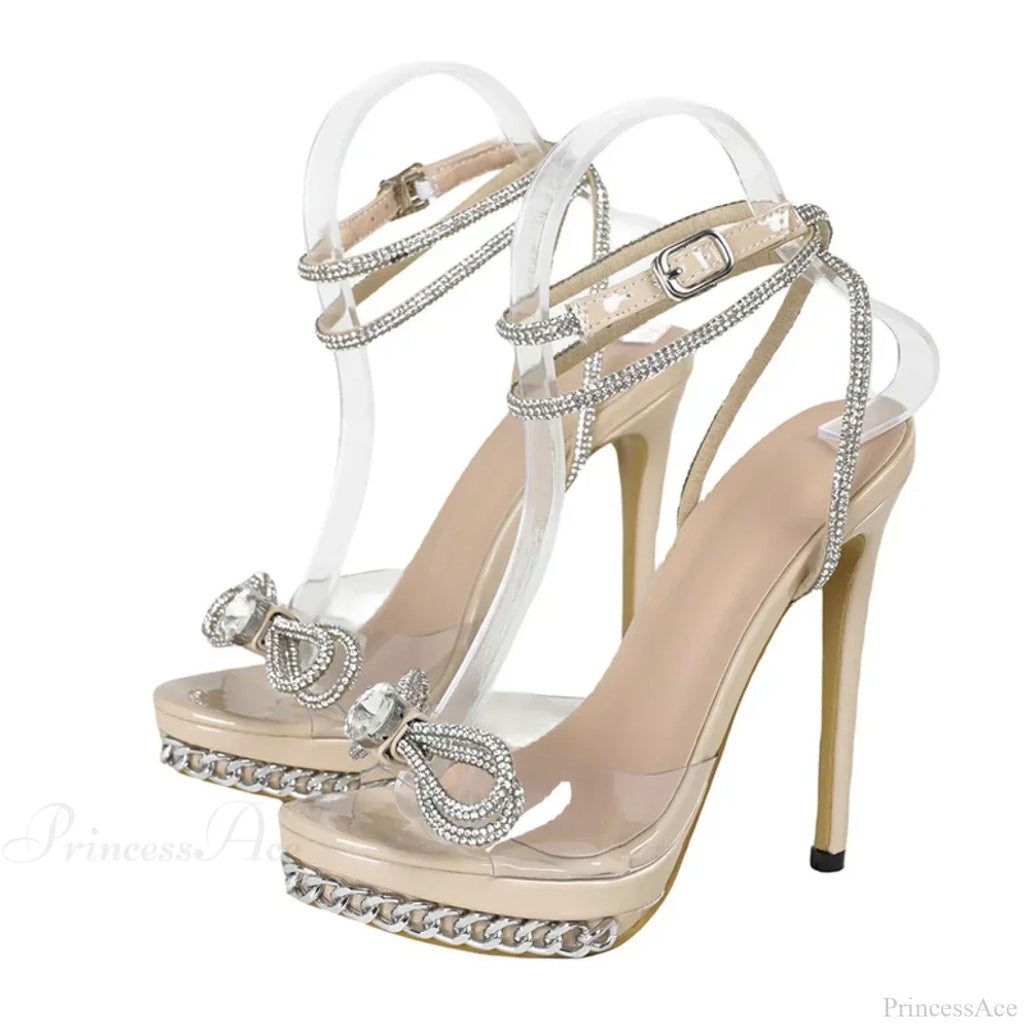 Crystal Bowknot Transparent SummerFashion Sandals Silver Chain Designer High Heels Platform High Heel