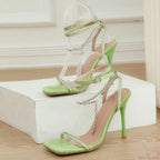 Crystal Chain Ankle-Strap Square-Toe Sexy Party Wedding Rhinestone Summer High Heel