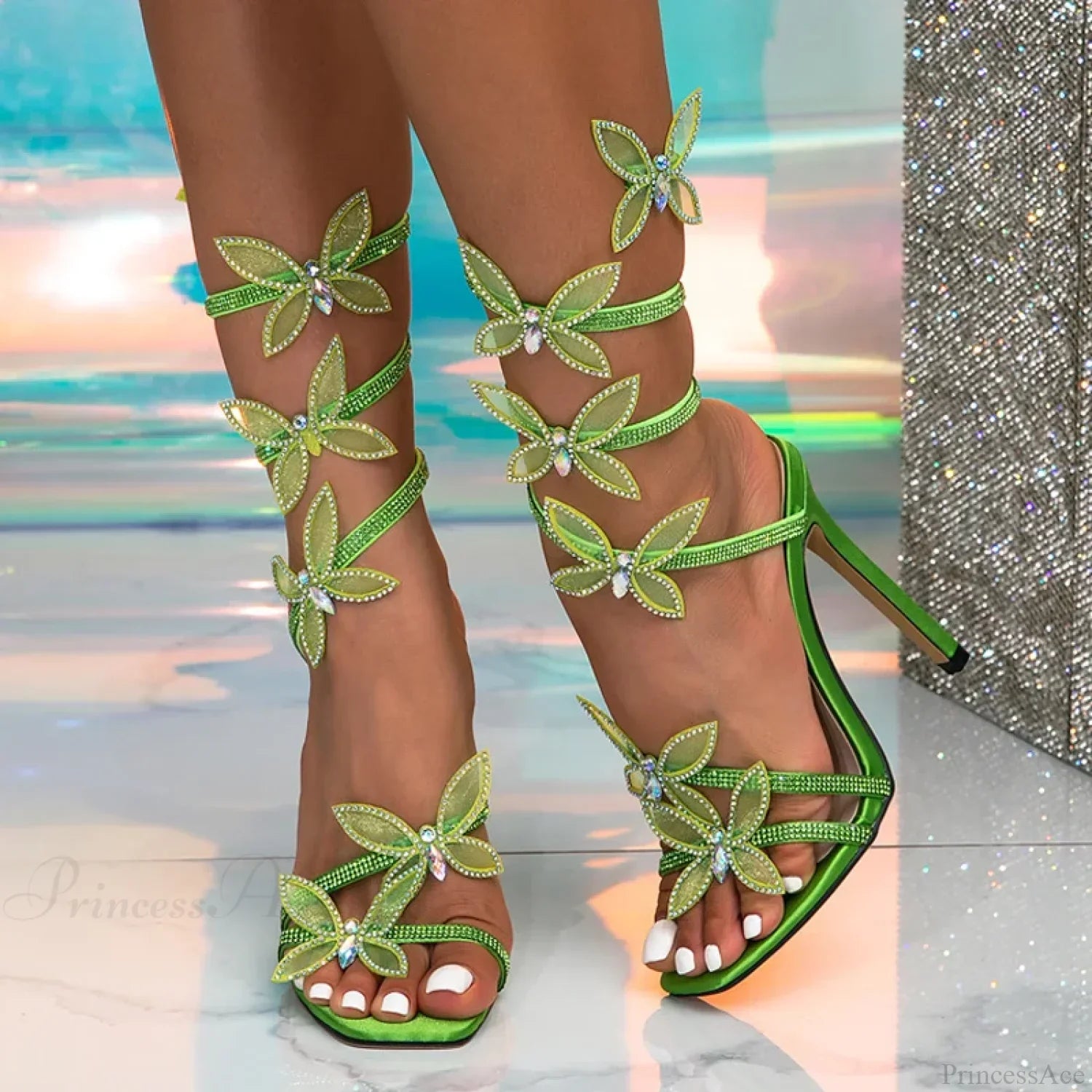 CrystalFashion Elegant Green Square-Toe Wedding Banquet Sexy Butterfly Ankle-Strap Sandals High Heel