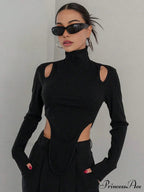 Cut Out High Trendy Neck Asymmetric Hem Top