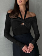 Cut Out Knotted Trendy Long Sleeve Halter Shirt