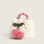 Cherry Trim Fluffy Tote Bag with Twist Shoulder Strap - White