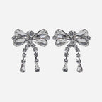 Rhinestone Bow Drop Earrings in Silver