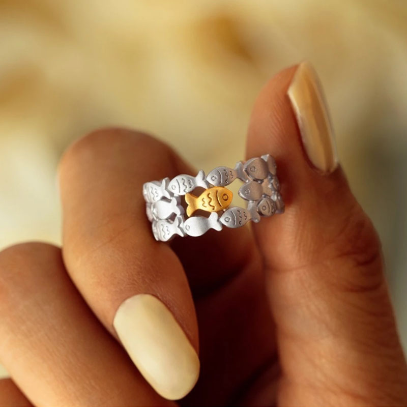 Two Tone Plated Fish Layered Ring - Silver