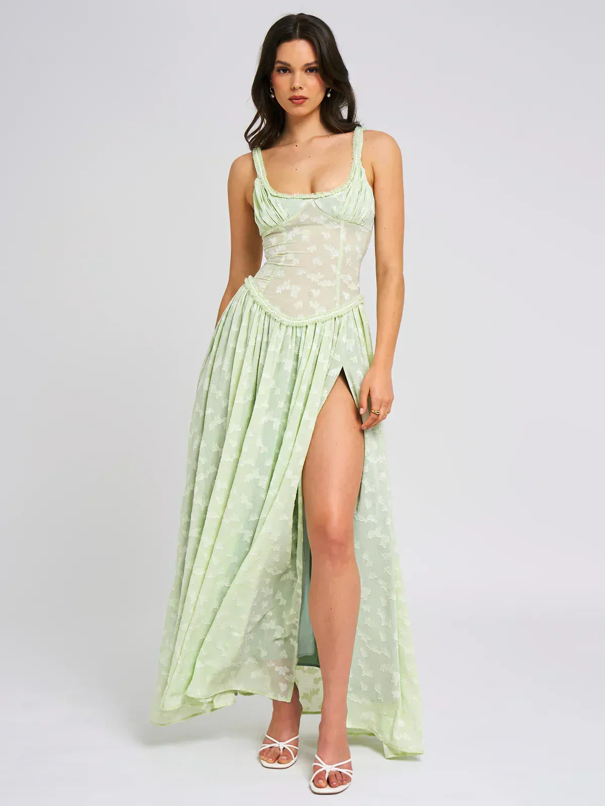 Lace Overlay Corset Bodice Scoop Neck Pleated Thigh Slit Maxi Dress