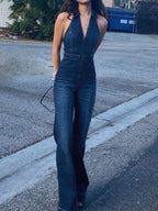 Lapel Neck Backless Zip Up High Rise Jumpsuits