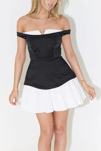 Off Shoulder Fold Over Collar Accordion Pleat Mini Dress
