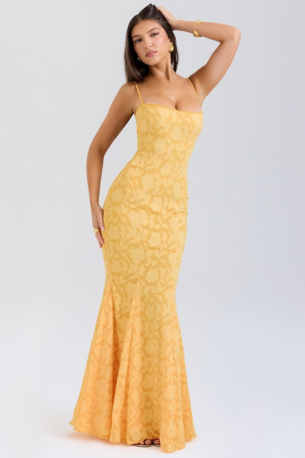 Floral Jacquard Strapless Mermaid Maxi Lace Dress