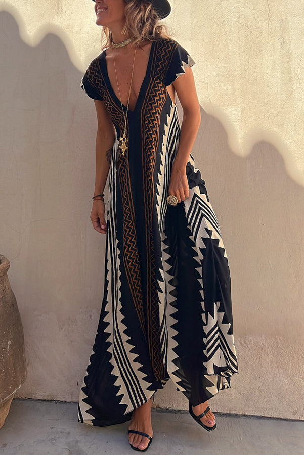 Ethnic Geometric Print Cap Sleeve Deep V-Neck A-Line Maxi Dress